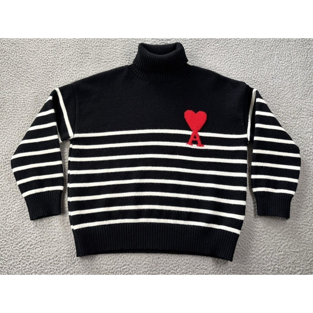 Ami‎ Paris Alexandre Mattiussi Sweater Unisex Large Striped Heart Turtleneck